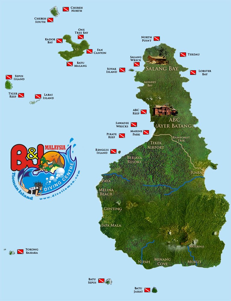 Tioman Dive Site Map - Copyright B&J Diving Centre - Diving Tioman ...